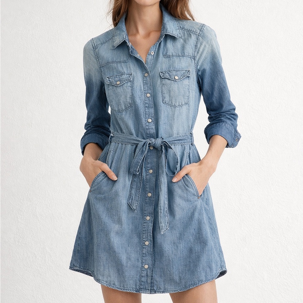 Gap 1969 Denim Shirt Dress Belted Snap Front Pockets | Size Medium